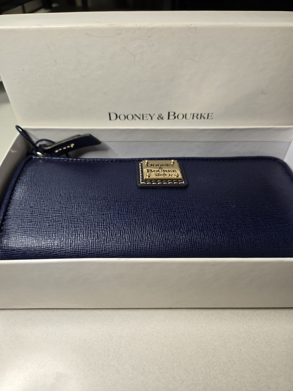 NWT Dooney & Bourke Saffiano Large Zip Wristlet Marine Blue Rare W/Box & Card